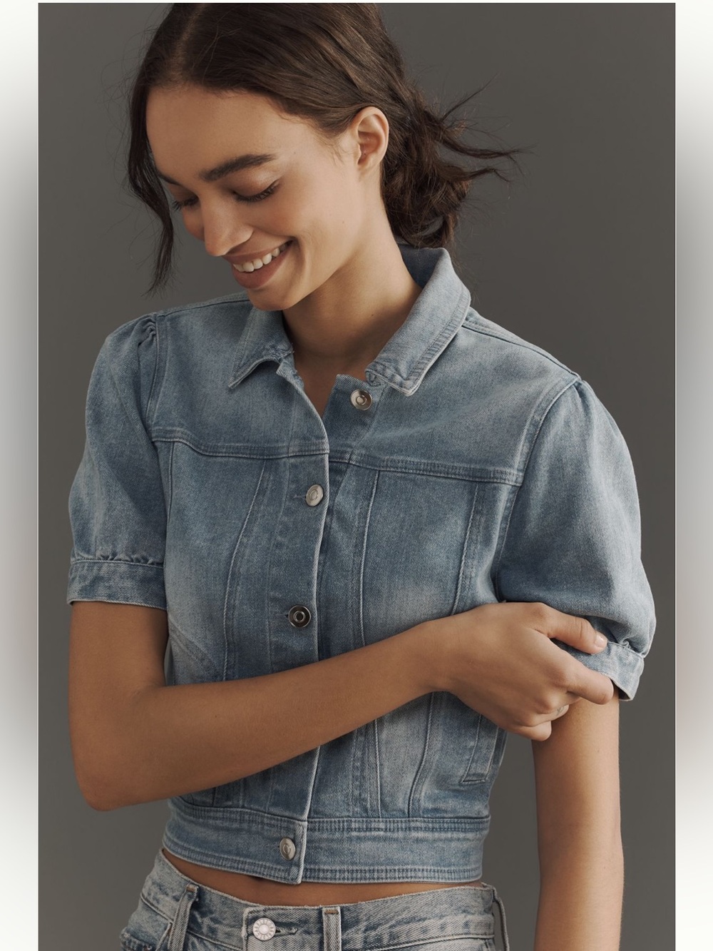 Anthropologie Maeve Dame puff sleeve denim jacket